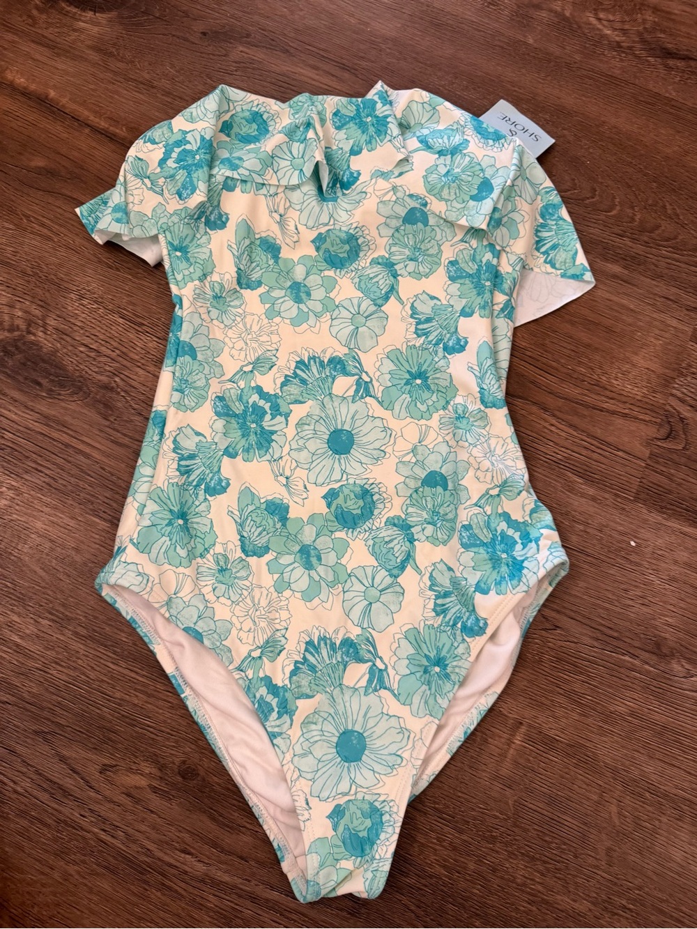 Floral Strapless ruffled One-Piece Swimsuit in Teal and White NWT Size Small